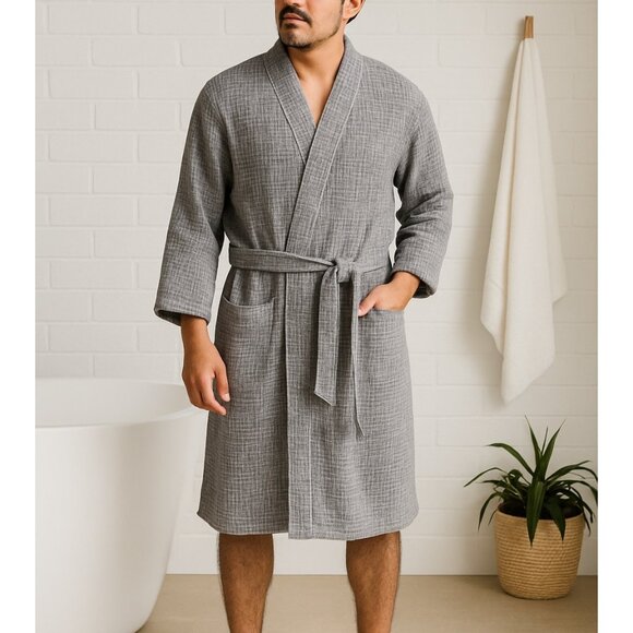 Parachute Home Waffle Knit Bath Robe Gray 100% Cotton Size Medium Spa Luxury Tur - Picture 1 of 9